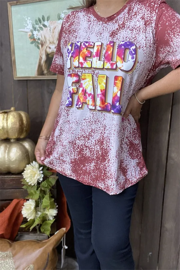 DLH9674 HELLO FALL tie dye printed short sleeve t-shirt
