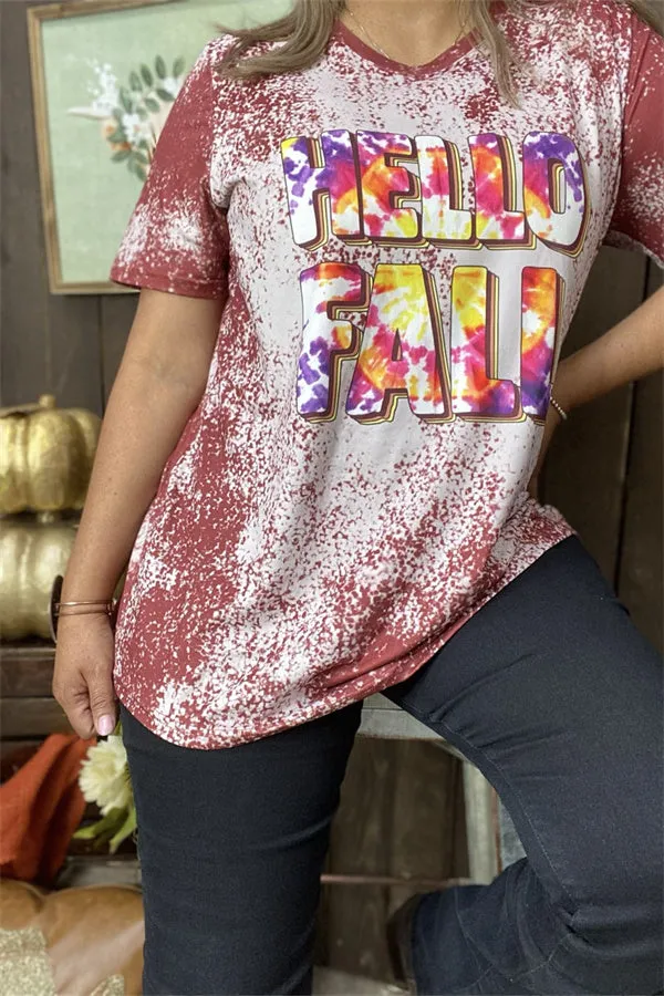 DLH9674 HELLO FALL tie dye printed short sleeve t-shirt