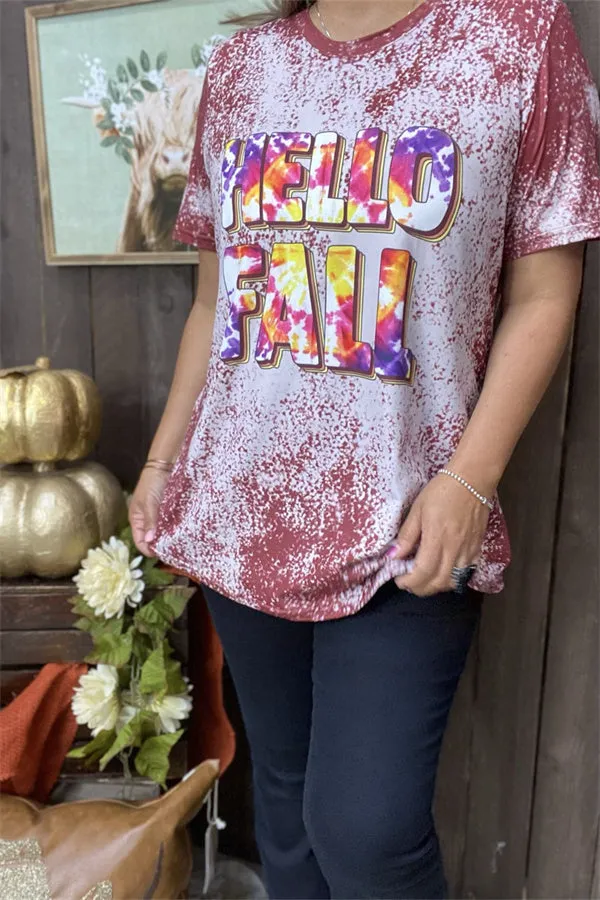 DLH9674 HELLO FALL tie dye printed short sleeve t-shirt