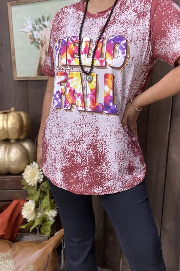 DLH9674 HELLO FALL tie dye printed short sleeve t-shirt