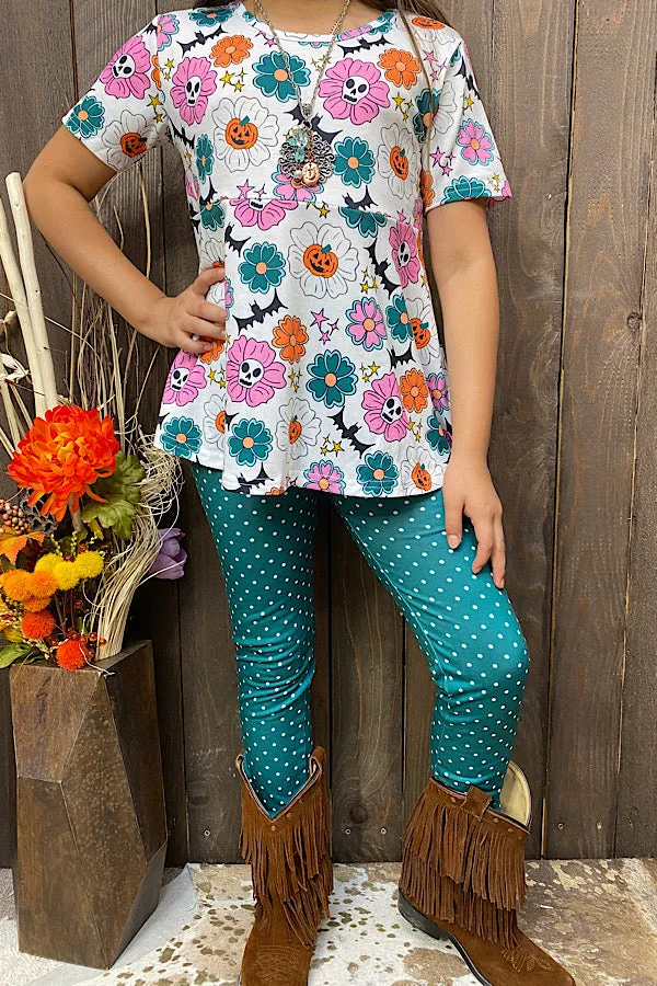 XCH0010-19H Hunter green w/polka dots & pumpkin girls sets wholesale