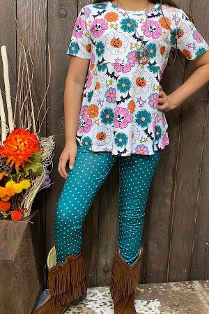 XCH0010-19H Hunter green w/polka dots & pumpkin girls sets wholesale