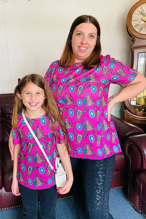 XCH0012-3h Mom and me bull & jewel prints short sleeve girls top wholesale