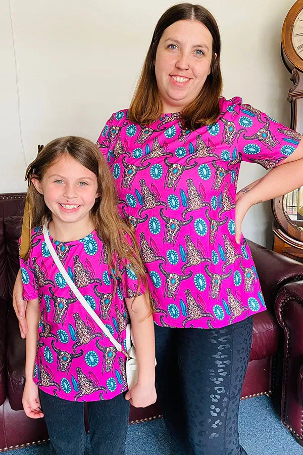 XCH0012-3h Mom and me bull & jewel prints short sleeve girls top wholesale