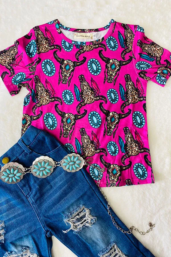 XCH0012-3h Mom and me bull & jewel prints short sleeve girls top wholesale