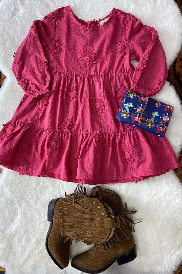 XCH03001 Hot pink floral embroidery long sleeve girls dress